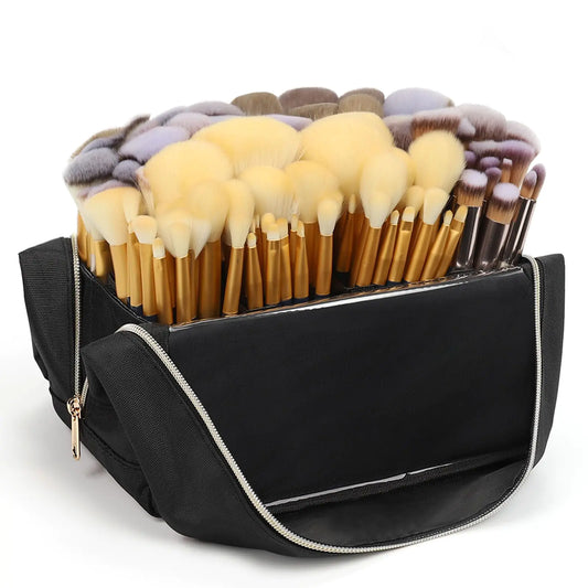 Large Makeup Brush Holder Portable Stand-up Makeup Brush Organizer Bag Foldable Makeup Brush Travel Case with Detachable Dividers Professional Artist Makeup Brush Storage Bag (Brushes Not included)